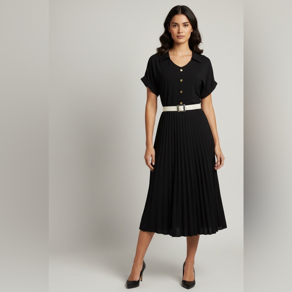 Ashley Blue Black Pleated Midi Dress with White Belt